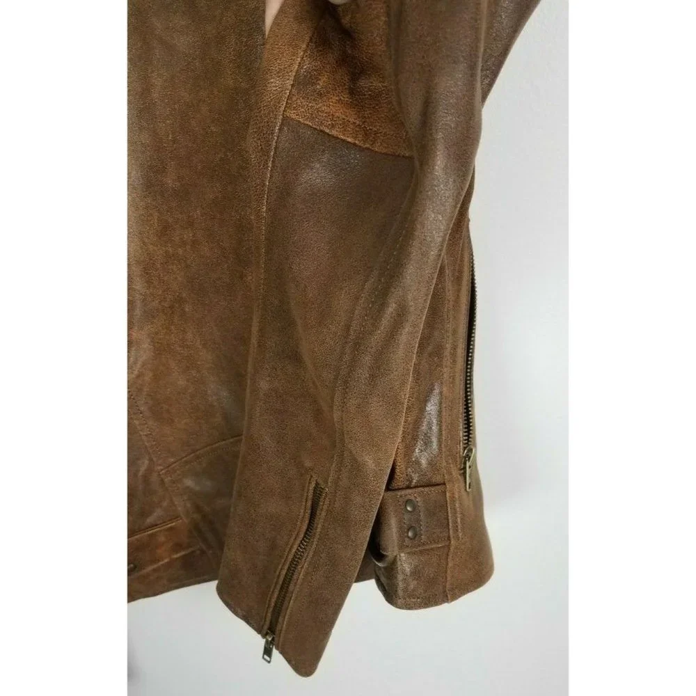 Frye Sz. S Lamb Leather Biker Stud Brown Jacket Zip Sleeves Interior Pocket NEW